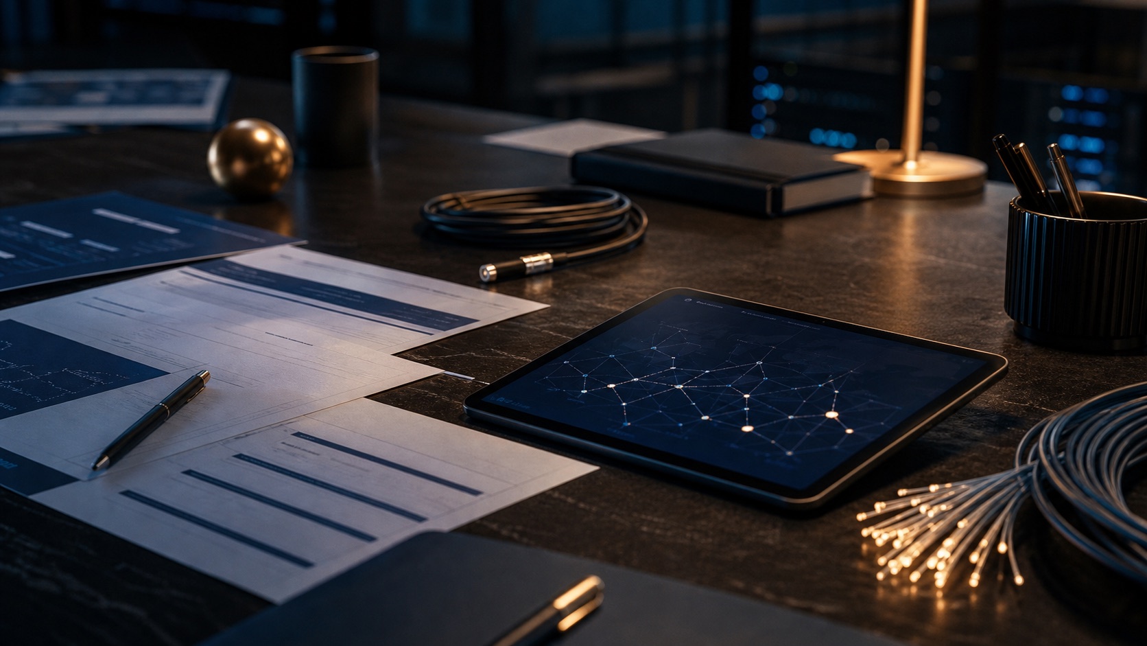 Telecom advisory workspace with fiber optics and network planning documents